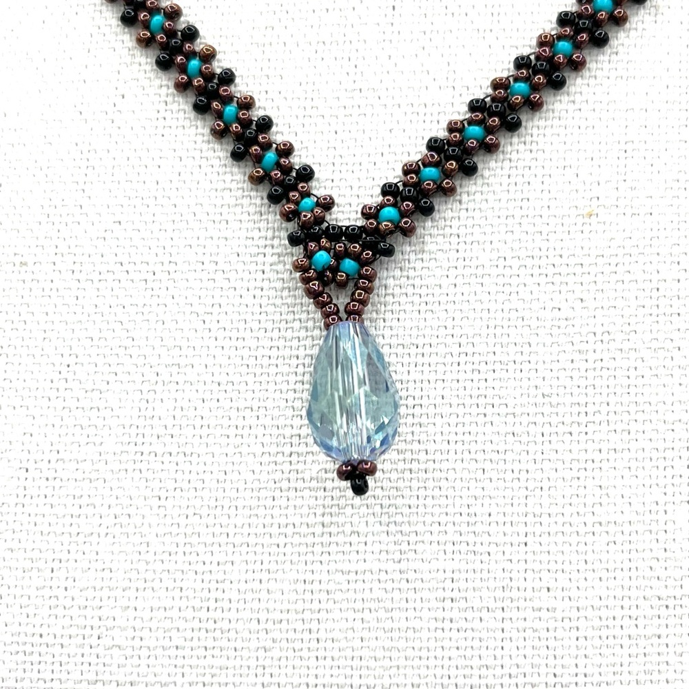 Hand Crafted Beaded Necklace with Aqua Pendant - Picture 6 of 11